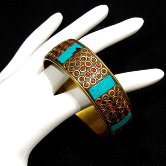 VTG 70's Turquoise Coral Inlayed Brass Bangle - Picture 3 of 4